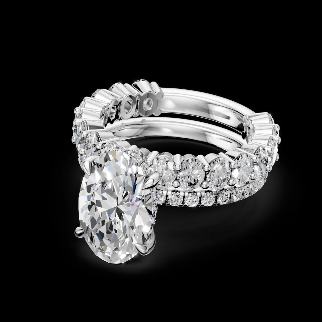 4.00CT Oval Diamond Hidden Halo Ring with Pave Shoulders & Matching Oval Diamond Band