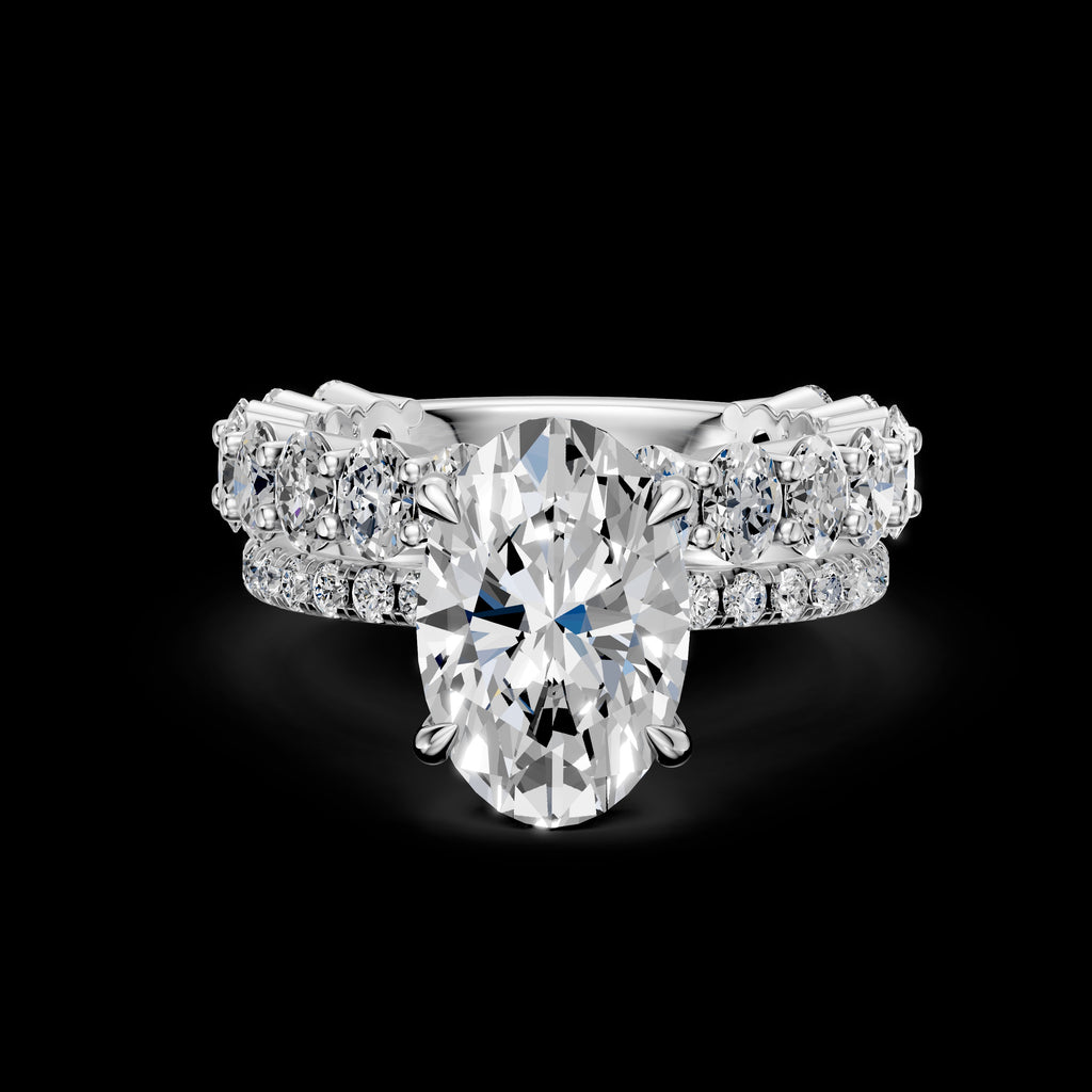 4.00CT Oval Diamond Hidden Halo Ring with Pave Shoulders & Matching Oval Diamond Band
