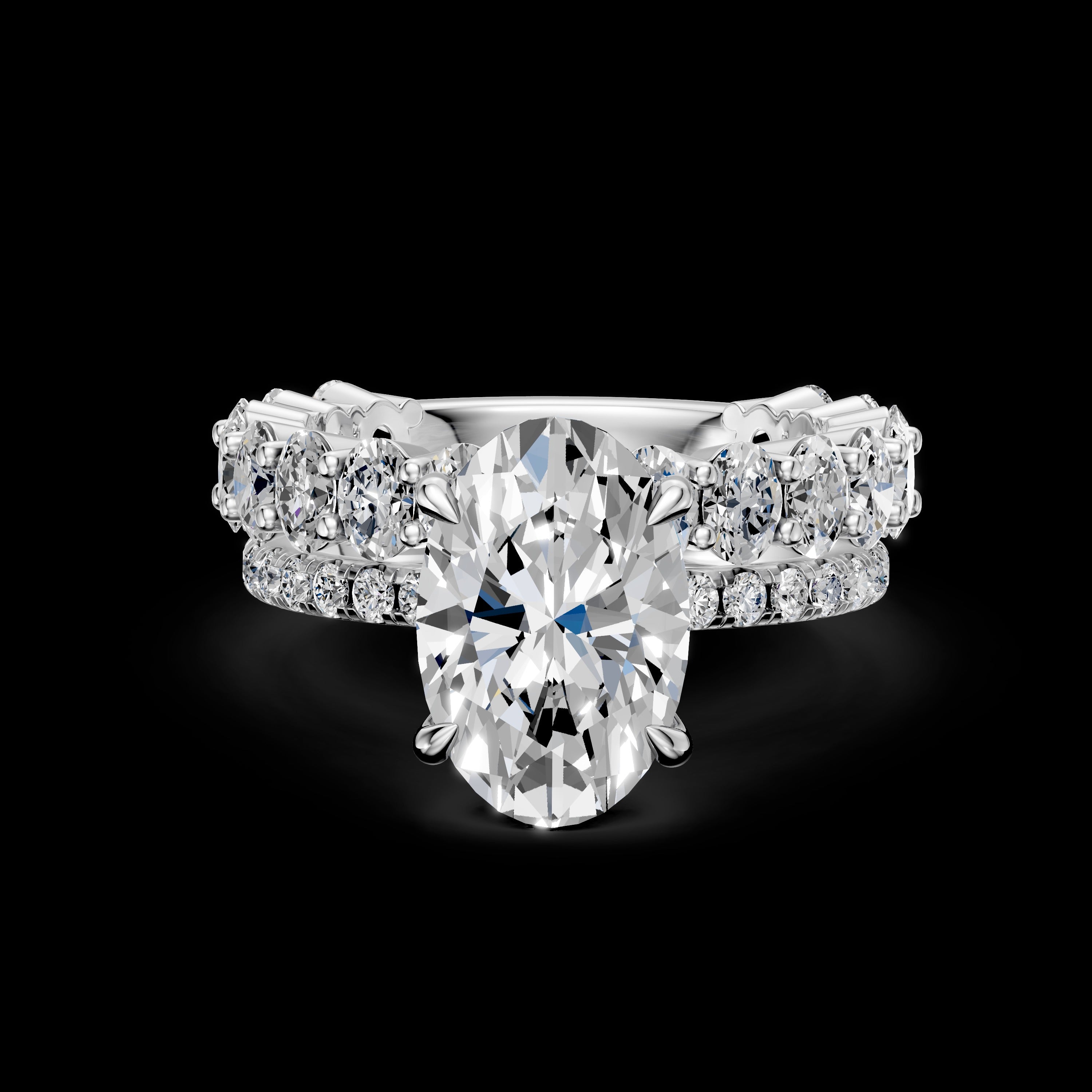 4.00CT Oval Diamond Hidden Halo Ring with Pave Shoulders & Matching Oval Diamond Band