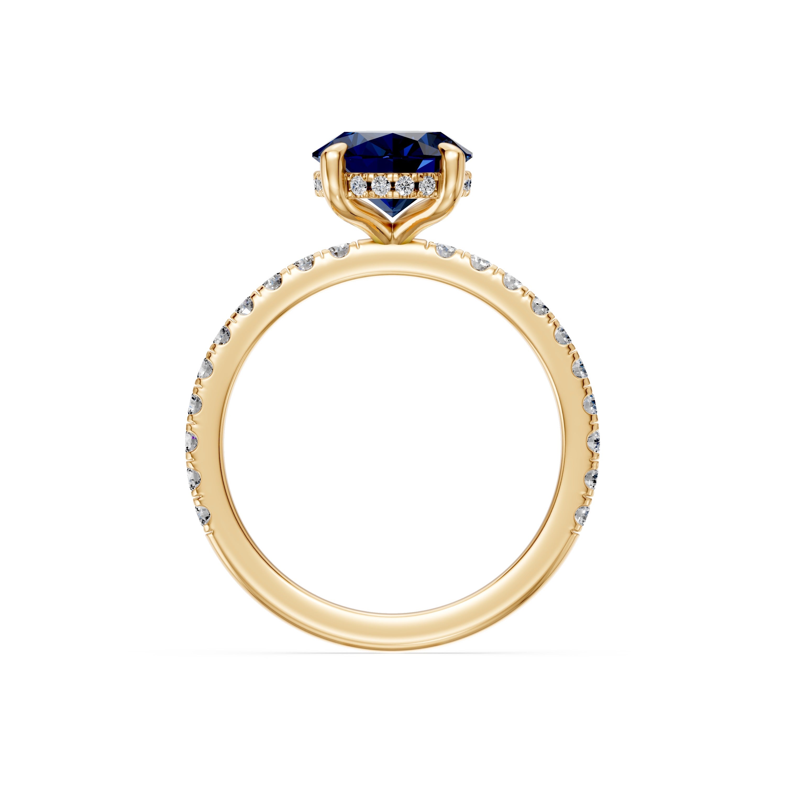 2 CT Blue Sapphire Hidden Halo Diamond & Pave Shoulder Ring