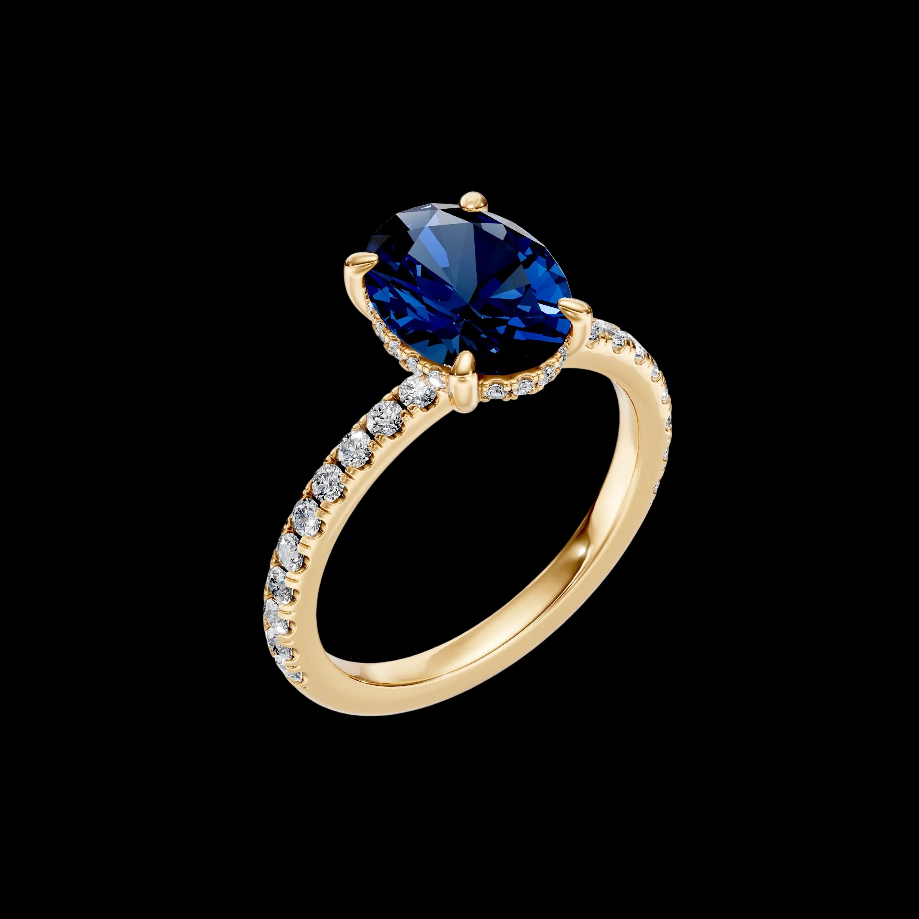 2 CT Blue Sapphire Hidden Halo Diamond & Pave Shoulder Ring