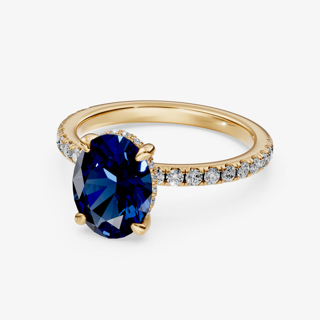 2 CT Blue Sapphire Hidden Halo Diamond & Pave Shoulder Ring