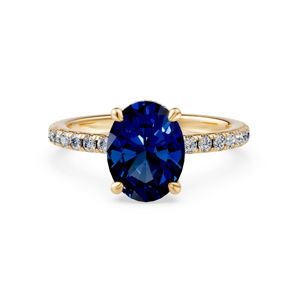 2 CT Blue Sapphire Hidden Halo Diamond & Pave Shoulder Ring