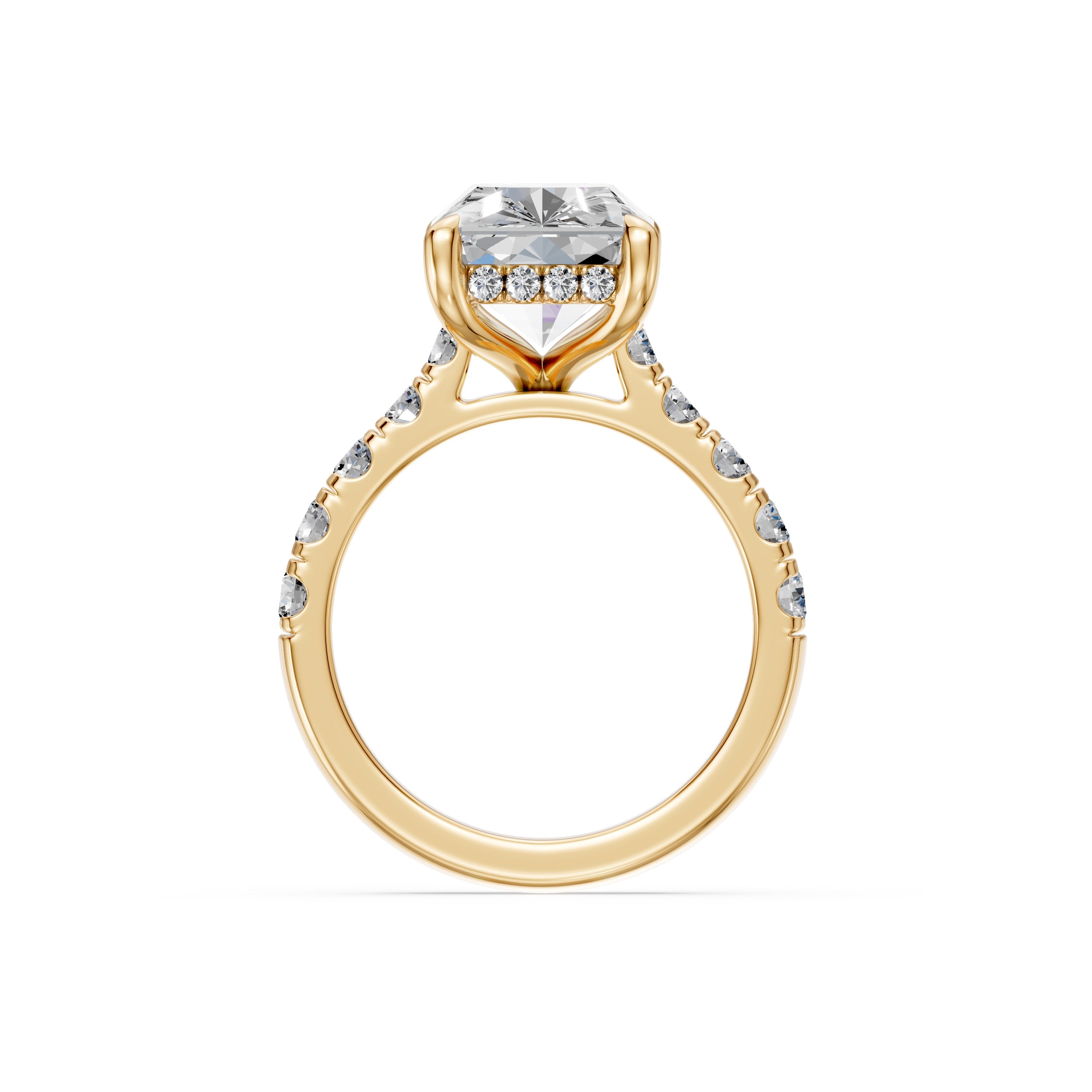 4.08CT Radiant Cut Diamond Cathedral Ring with Hidden Halo & Pave Set Diamonds