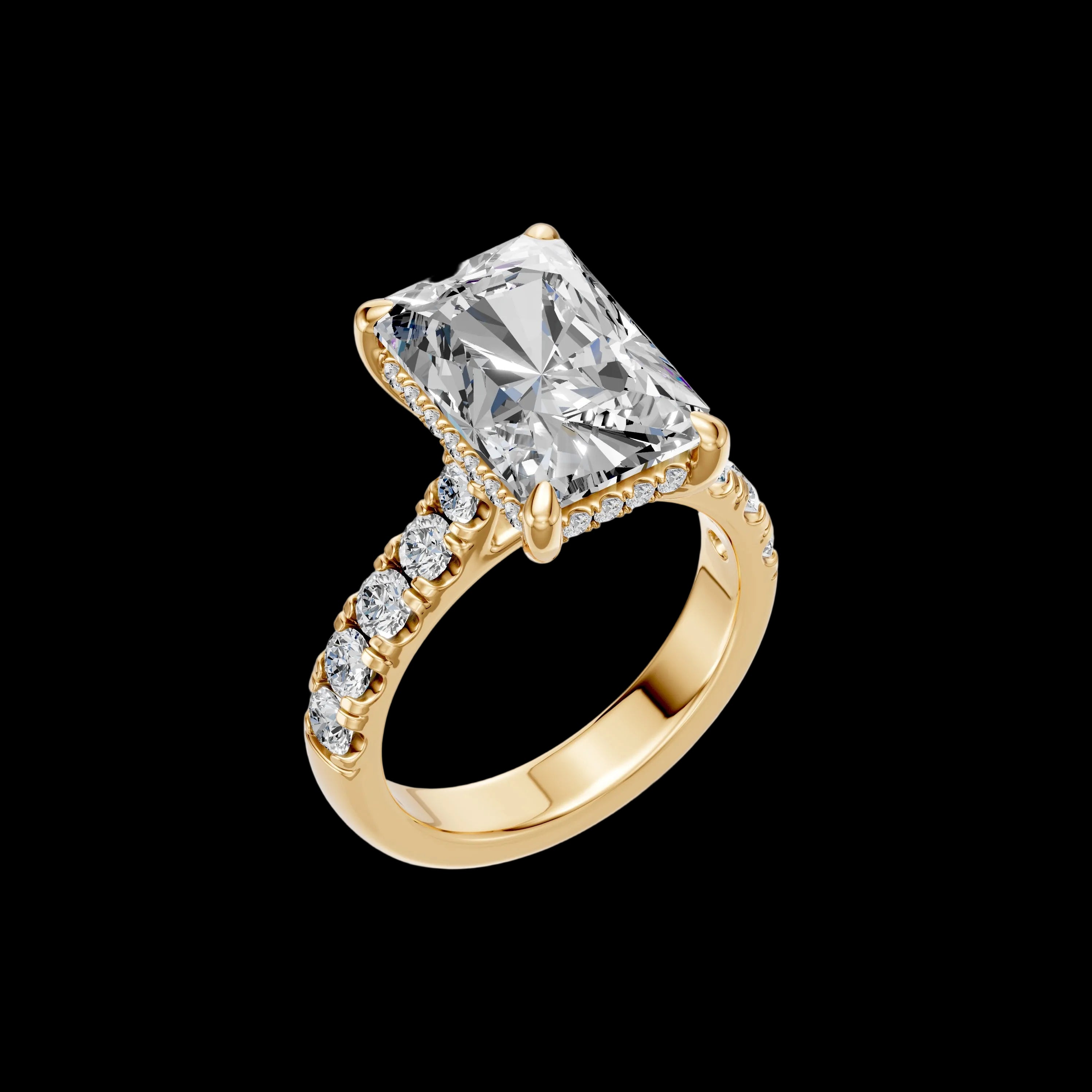 4.08CT Radiant Cut Diamond Cathedral Ring with Hidden Halo & Pave Set Diamonds
