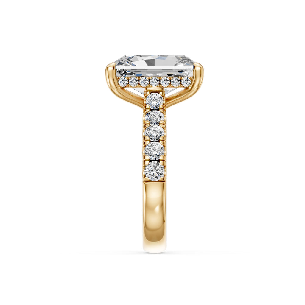 4.08CT Radiant Cut Diamond Cathedral Ring with Hidden Halo & Pave Set Diamonds