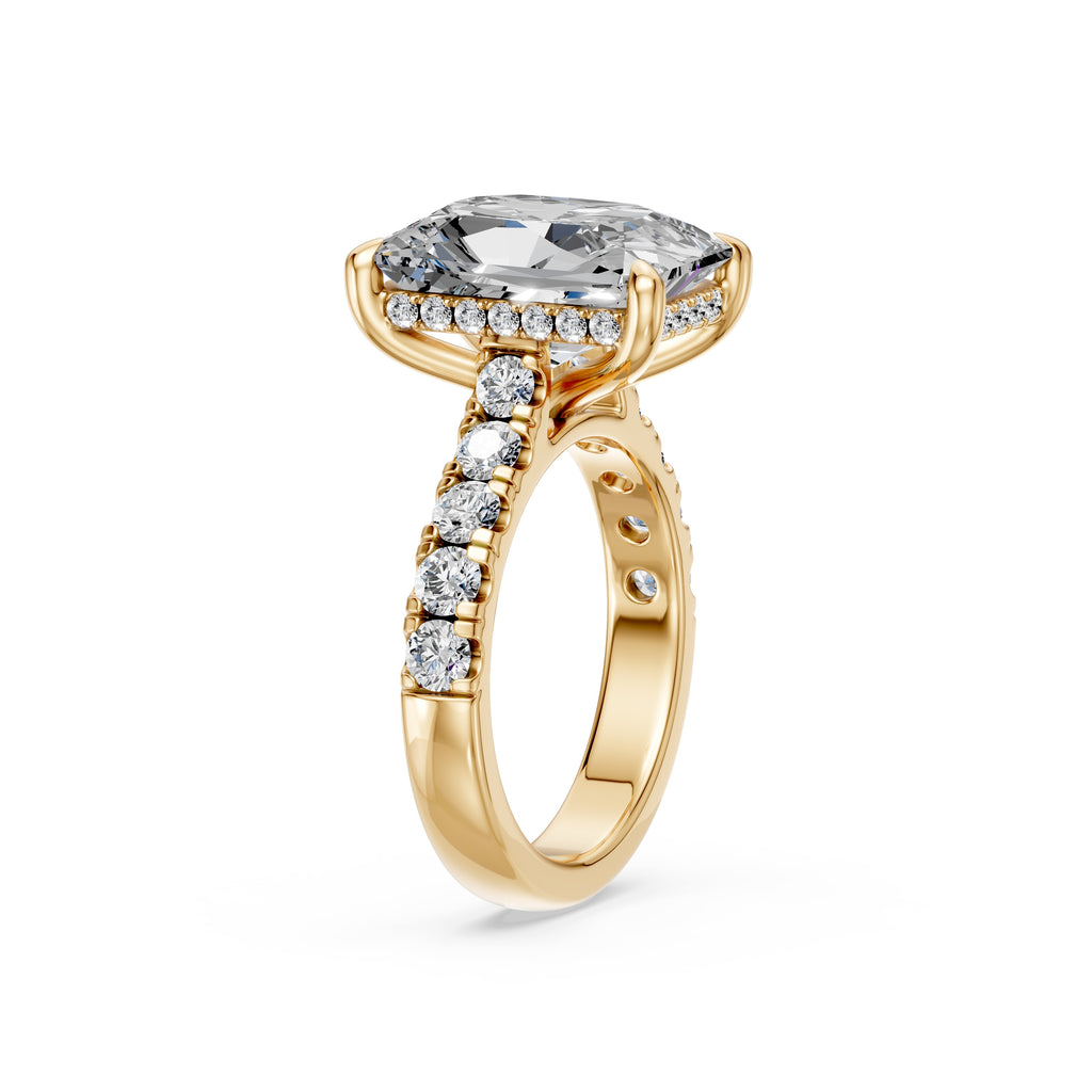 4.08CT Radiant Cut Diamond Cathedral Ring with Hidden Halo & Pave Set Diamonds