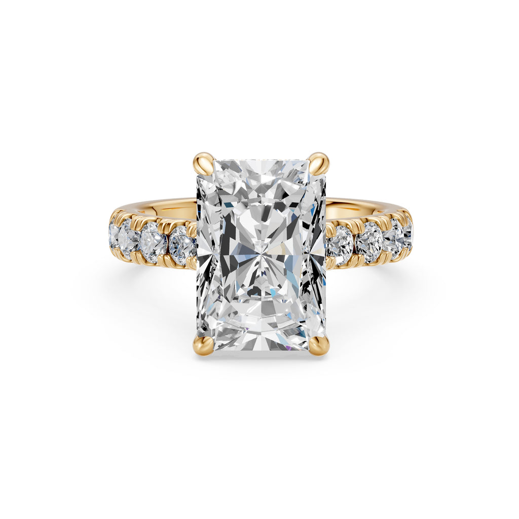 4.08CT Radiant Cut Diamond Cathedral Ring with Hidden Halo & Pave Set Diamonds