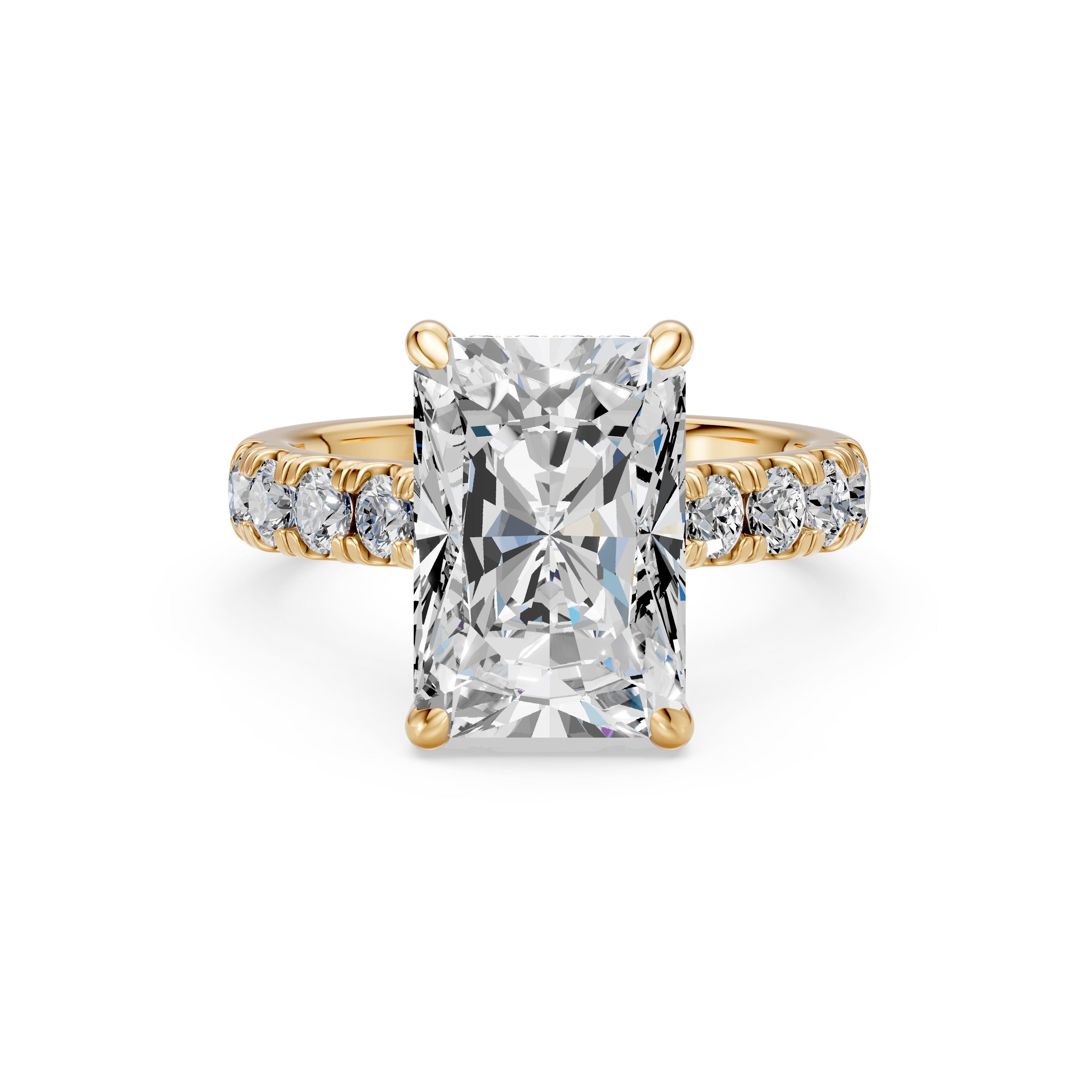 4.08CT Radiant Cut Diamond Cathedral Ring with Hidden Halo & Pave Set Diamonds