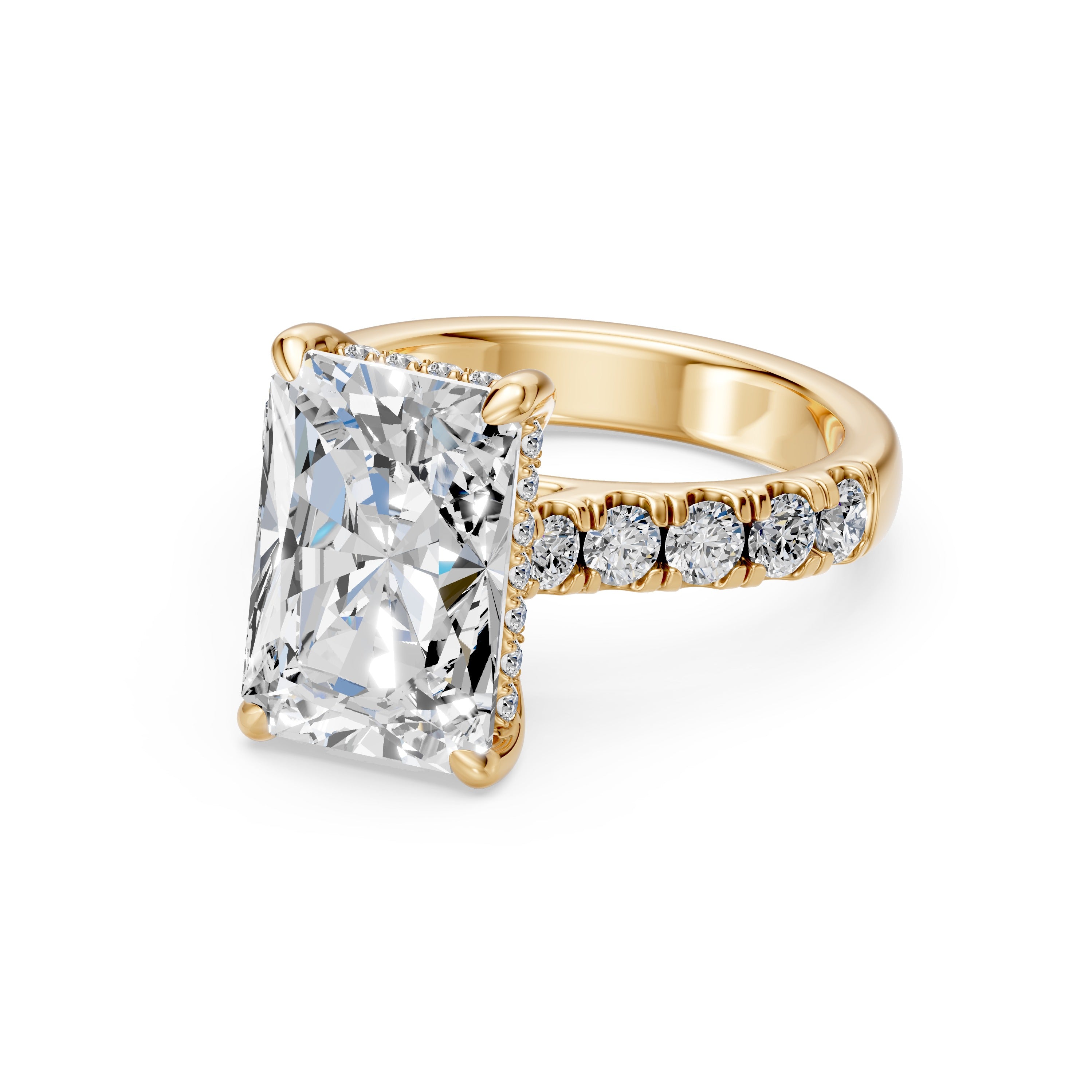 4.08CT Radiant Cut Diamond Cathedral Ring with Hidden Halo & Pave Set Diamonds
