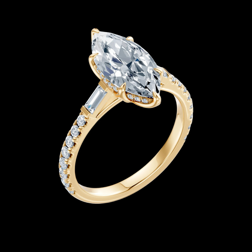 3.09CT Marquise Floral Basket Cathedral Ring with Baguette & Round Brilliant Diamonds