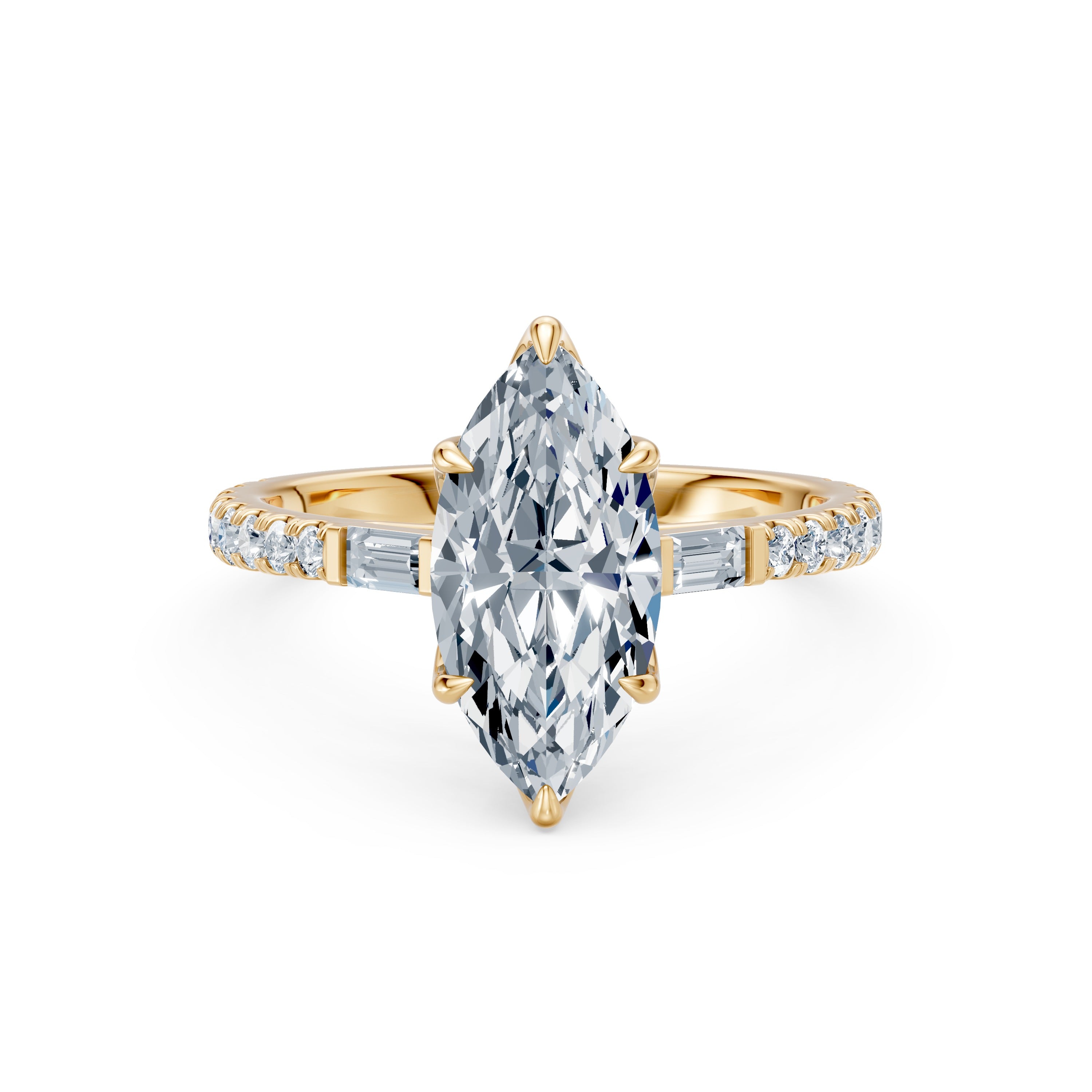 3.09CT Marquise Floral Basket Cathedral Ring with Baguette & Round Brilliant Diamonds