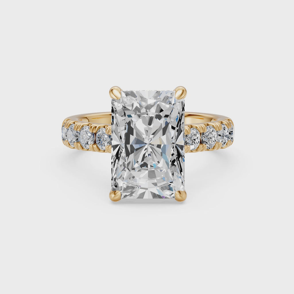 4.08CT Radiant Cut Diamond Cathedral Ring with Hidden Halo & Pave Set Diamonds