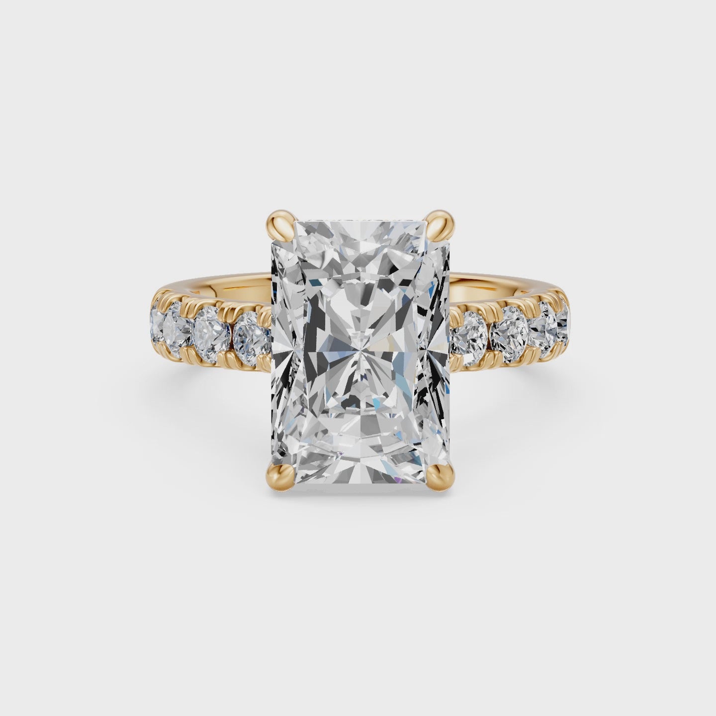 4.08CT Radiant Cut Diamond Cathedral Ring with Hidden Halo & Pave Set Diamonds