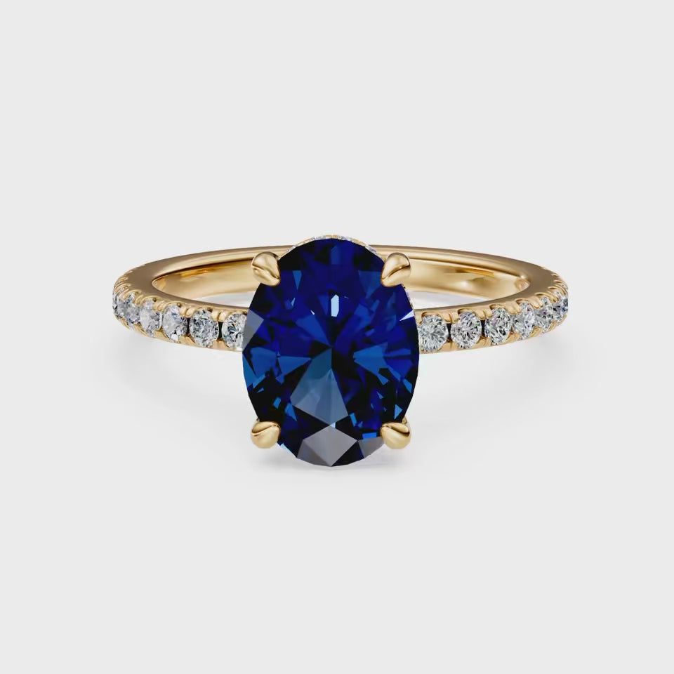 2 CT Blue Sapphire Hidden Halo Diamond & Pave Shoulder Ring