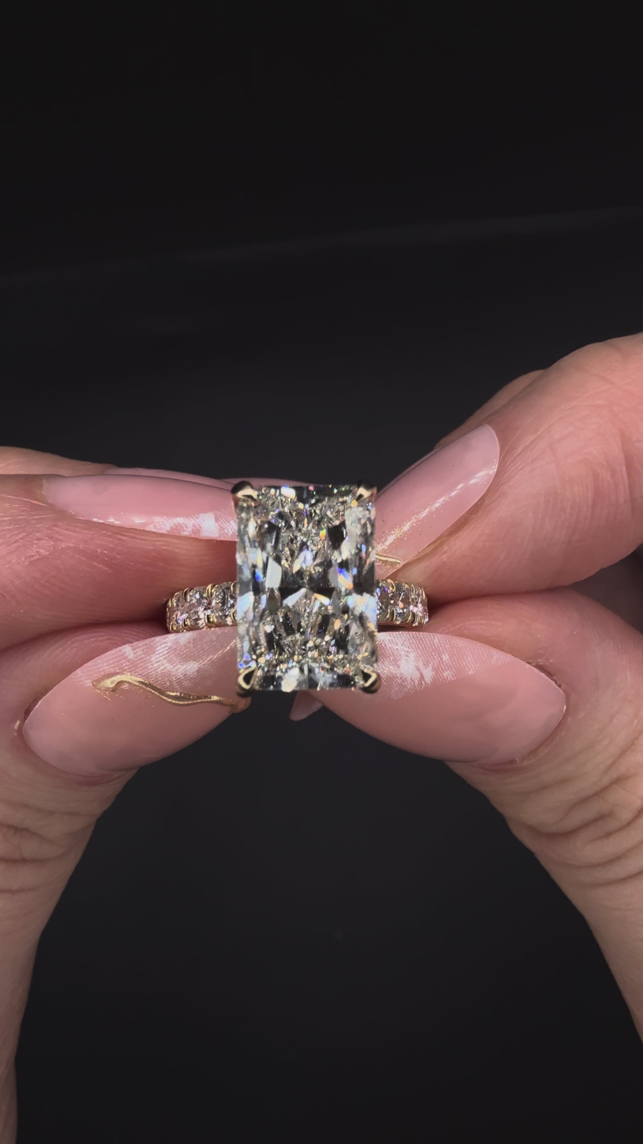 4.08CT Radiant Cut Diamond Cathedral Ring with Hidden Halo & Pave Set Diamonds