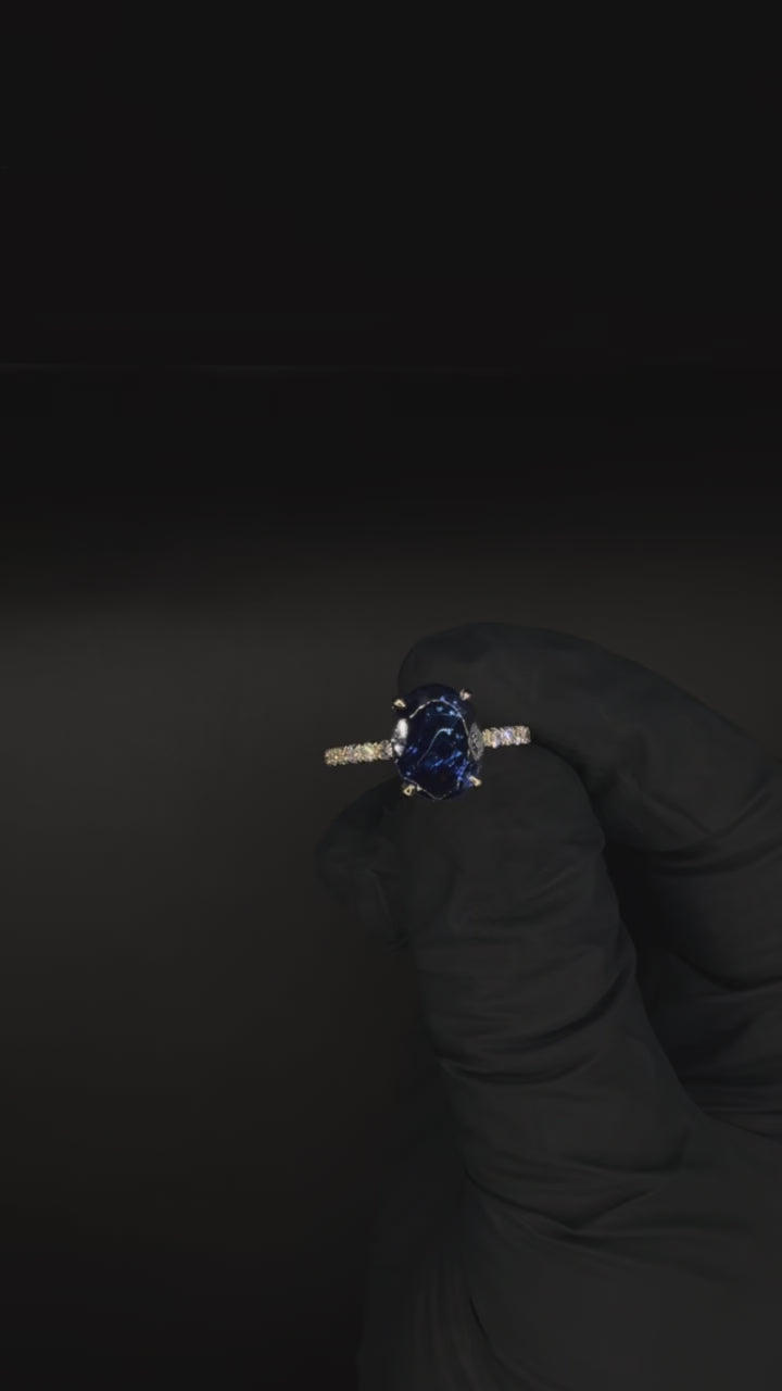 2 CT Blue Sapphire Hidden Halo Diamond & Pave Shoulder Ring