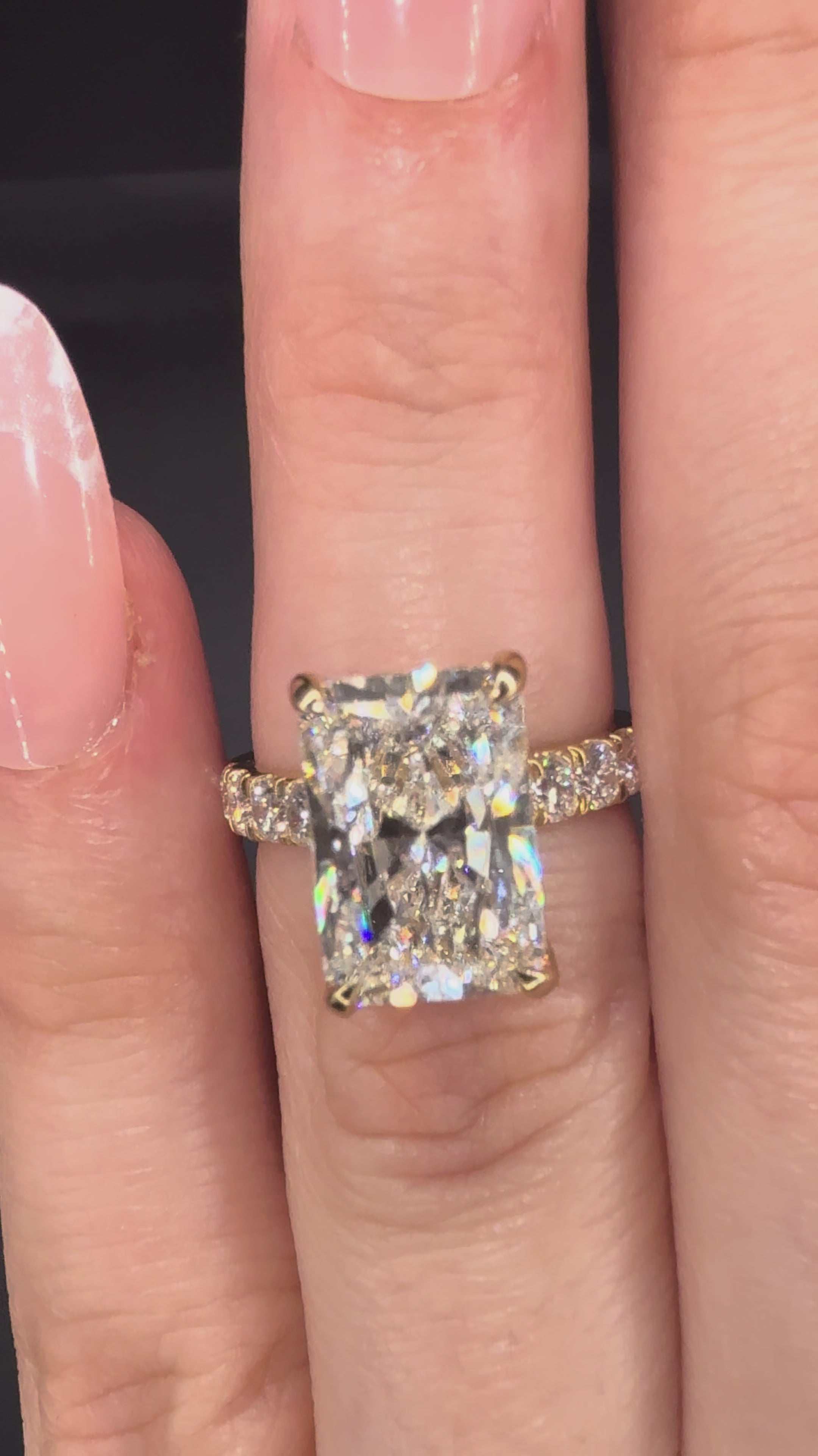 4.08CT Radiant Cut Diamond Cathedral Ring with Hidden Halo & Pave Set Diamonds