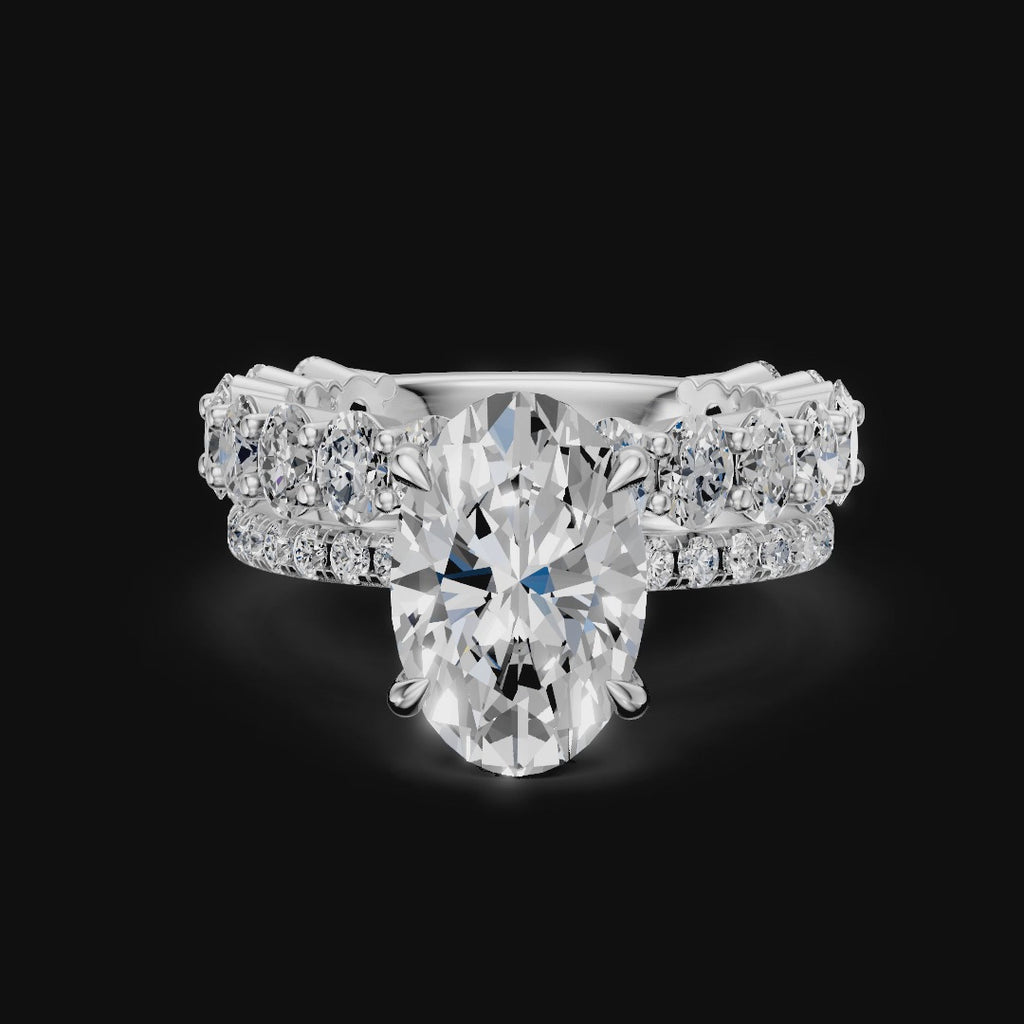 4.00CT Oval Diamond Hidden Halo Ring with Pave Shoulders & Matching Oval Diamond Band