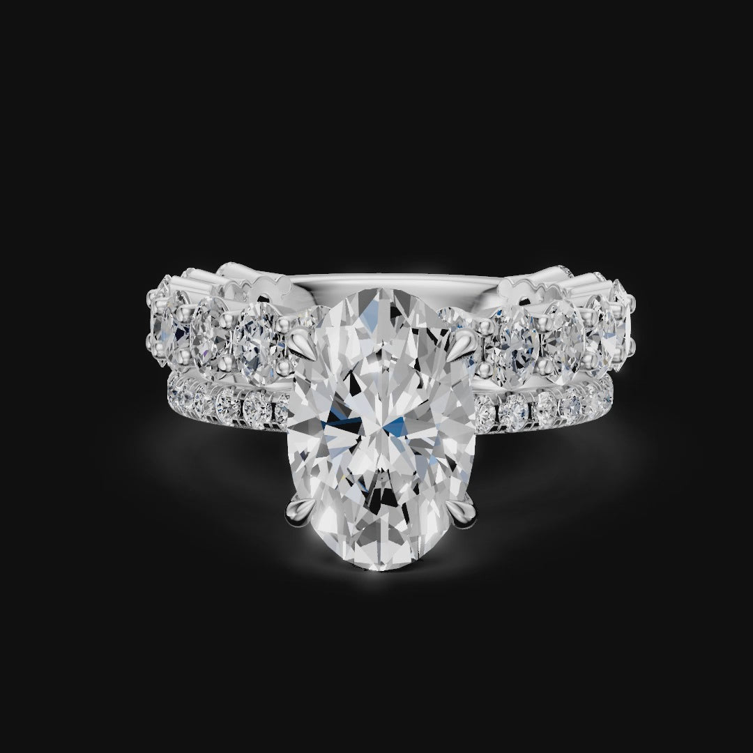 4.00CT Oval Diamond Hidden Halo Ring with Pave Shoulders & Matching Oval Diamond Band